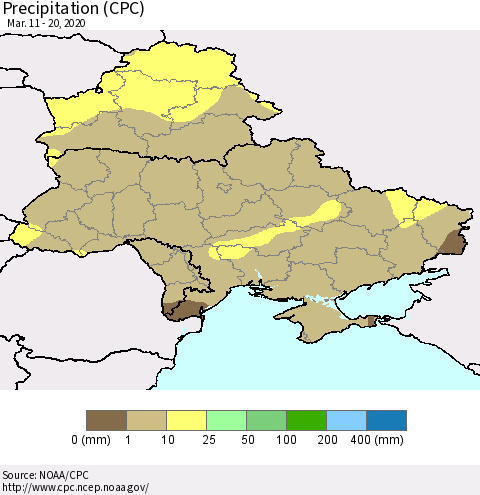 Ukraine, Moldova and Belarus Precipitation (CPC) Thematic Map For 3/11/2020 - 3/20/2020