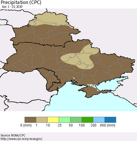 Ukraine, Moldova and Belarus Precipitation (CPC) Thematic Map For 4/1/2020 - 4/10/2020
