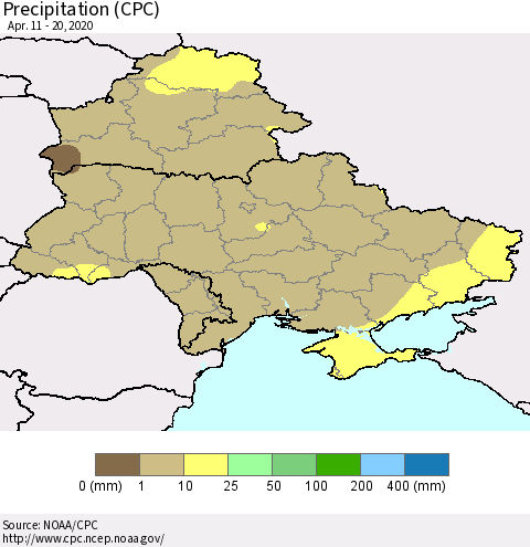 Ukraine, Moldova and Belarus Precipitation (CPC) Thematic Map For 4/11/2020 - 4/20/2020