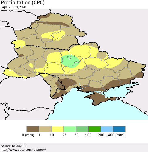 Ukraine, Moldova and Belarus Precipitation (CPC) Thematic Map For 4/21/2020 - 4/30/2020