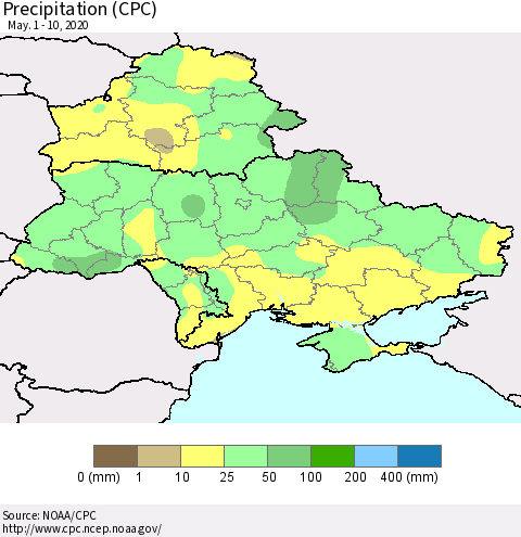 Ukraine, Moldova and Belarus Precipitation (CPC) Thematic Map For 5/1/2020 - 5/10/2020