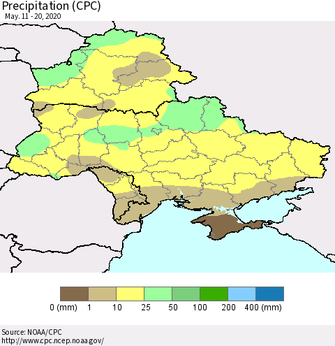 Ukraine, Moldova and Belarus Precipitation (CPC) Thematic Map For 5/11/2020 - 5/20/2020