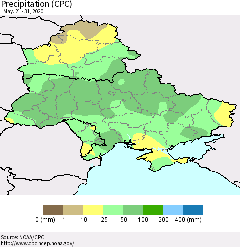 Ukraine, Moldova and Belarus Precipitation (CPC) Thematic Map For 5/21/2020 - 5/31/2020