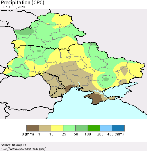 Ukraine, Moldova and Belarus Precipitation (CPC) Thematic Map For 6/1/2020 - 6/10/2020