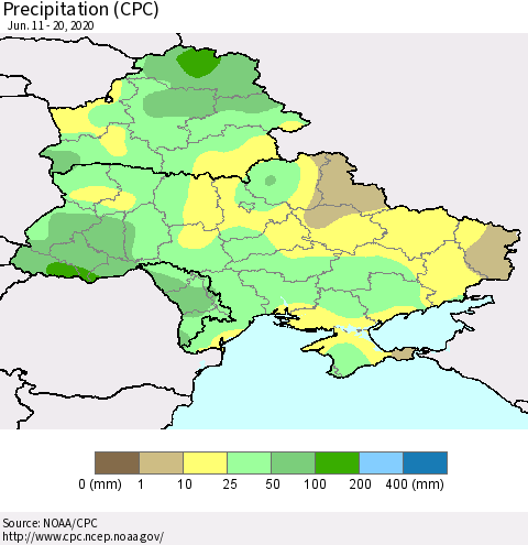 Ukraine, Moldova and Belarus Precipitation (CPC) Thematic Map For 6/11/2020 - 6/20/2020