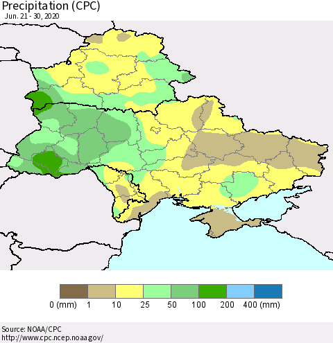 Ukraine, Moldova and Belarus Precipitation (CPC) Thematic Map For 6/21/2020 - 6/30/2020