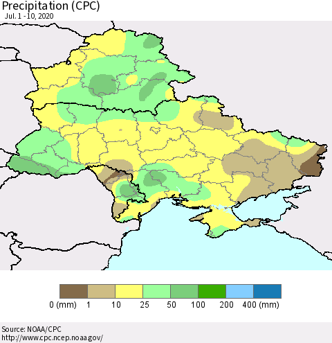 Ukraine, Moldova and Belarus Precipitation (CPC) Thematic Map For 7/1/2020 - 7/10/2020