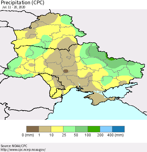 Ukraine, Moldova and Belarus Precipitation (CPC) Thematic Map For 7/11/2020 - 7/20/2020