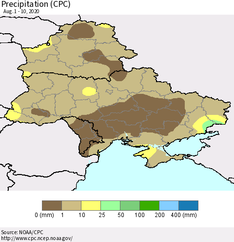 Ukraine, Moldova and Belarus Precipitation (CPC) Thematic Map For 8/1/2020 - 8/10/2020