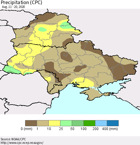 Ukraine, Moldova and Belarus Precipitation (CPC) Thematic Map For 8/11/2020 - 8/20/2020