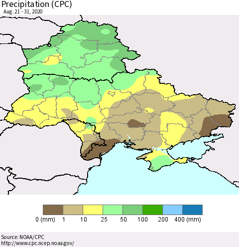 Ukraine, Moldova and Belarus Precipitation (CPC) Thematic Map For 8/21/2020 - 8/31/2020