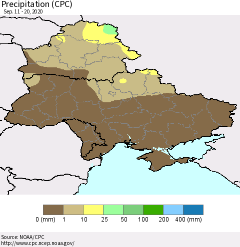 Ukraine, Moldova and Belarus Precipitation (CPC) Thematic Map For 9/11/2020 - 9/20/2020