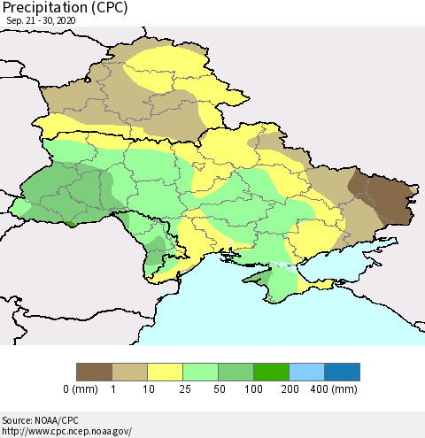 Ukraine, Moldova and Belarus Precipitation (CPC) Thematic Map For 9/21/2020 - 9/30/2020