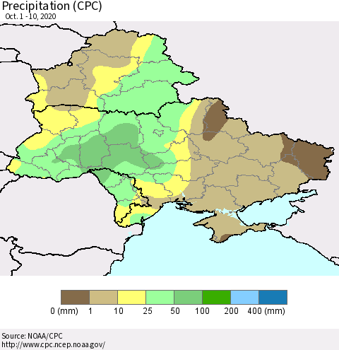 Ukraine, Moldova and Belarus Precipitation (CPC) Thematic Map For 10/1/2020 - 10/10/2020