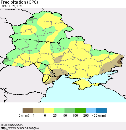Ukraine, Moldova and Belarus Precipitation (CPC) Thematic Map For 10/11/2020 - 10/20/2020