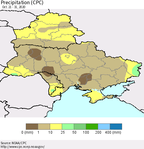 Ukraine, Moldova and Belarus Precipitation (CPC) Thematic Map For 10/21/2020 - 10/31/2020