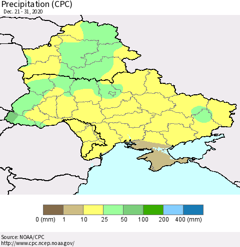 Ukraine, Moldova and Belarus Precipitation (CPC) Thematic Map For 12/21/2020 - 12/31/2020