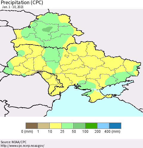 Ukraine, Moldova and Belarus Precipitation (CPC) Thematic Map For 1/1/2021 - 1/10/2021