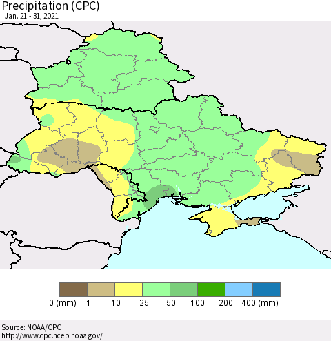 Ukraine, Moldova and Belarus Precipitation (CPC) Thematic Map For 1/21/2021 - 1/31/2021