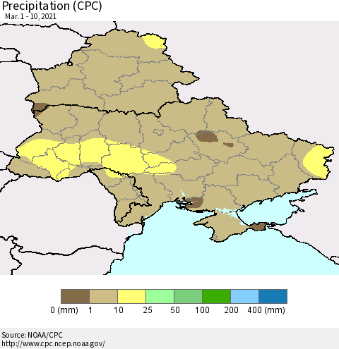 Ukraine, Moldova and Belarus Precipitation (CPC) Thematic Map For 3/1/2021 - 3/10/2021