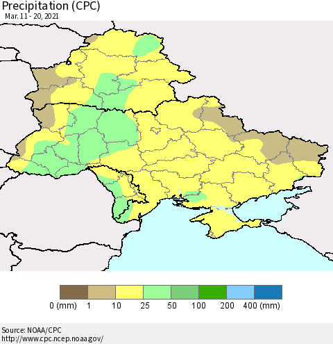 Ukraine, Moldova and Belarus Precipitation (CPC) Thematic Map For 3/11/2021 - 3/20/2021