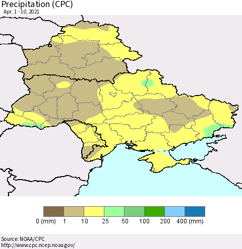 Ukraine, Moldova and Belarus Precipitation (CPC) Thematic Map For 4/1/2021 - 4/10/2021