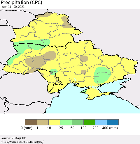 Ukraine, Moldova and Belarus Precipitation (CPC) Thematic Map For 4/11/2021 - 4/20/2021