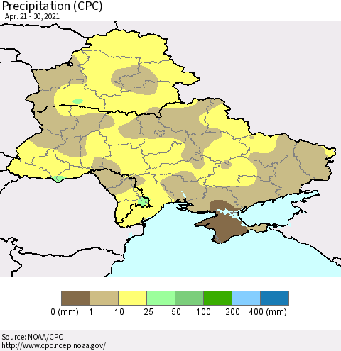 Ukraine, Moldova and Belarus Precipitation (CPC) Thematic Map For 4/21/2021 - 4/30/2021