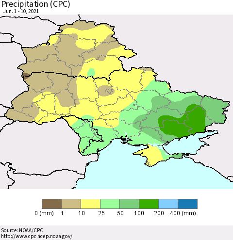 Ukraine, Moldova and Belarus Precipitation (CPC) Thematic Map For 6/1/2021 - 6/10/2021