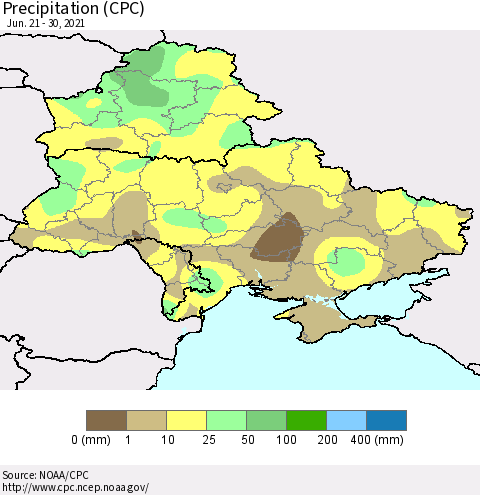 Ukraine, Moldova and Belarus Precipitation (CPC) Thematic Map For 6/21/2021 - 6/30/2021