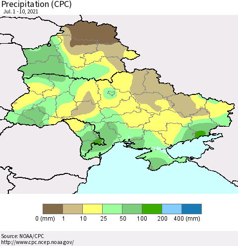 Ukraine, Moldova and Belarus Precipitation (CPC) Thematic Map For 7/1/2021 - 7/10/2021