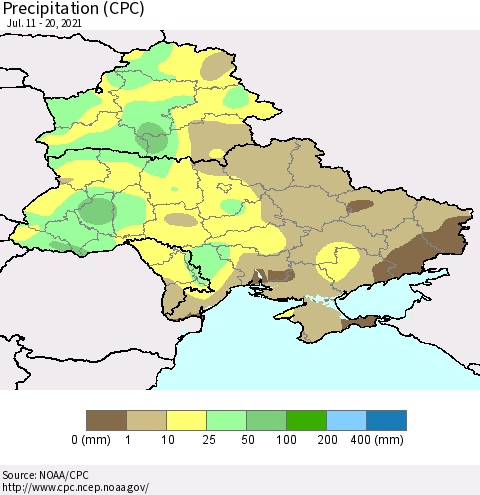 Ukraine, Moldova and Belarus Precipitation (CPC) Thematic Map For 7/11/2021 - 7/20/2021
