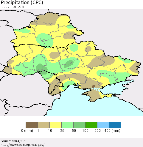 Ukraine, Moldova and Belarus Precipitation (CPC) Thematic Map For 7/21/2021 - 7/31/2021