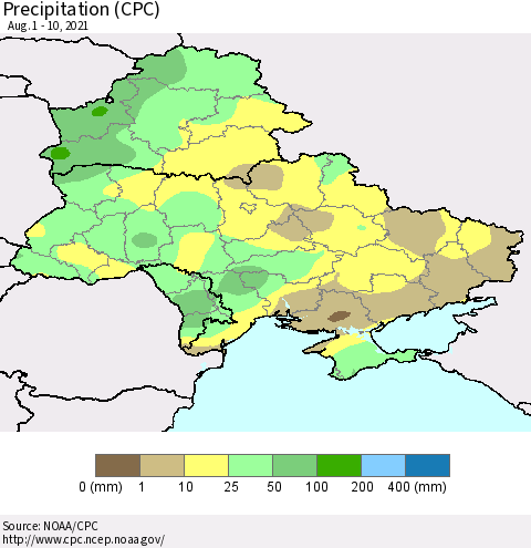 Ukraine, Moldova and Belarus Precipitation (CPC) Thematic Map For 8/1/2021 - 8/10/2021