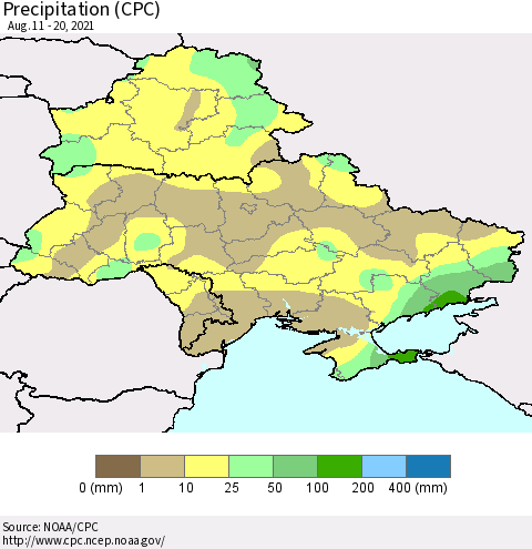Ukraine, Moldova and Belarus Precipitation (CPC) Thematic Map For 8/11/2021 - 8/20/2021
