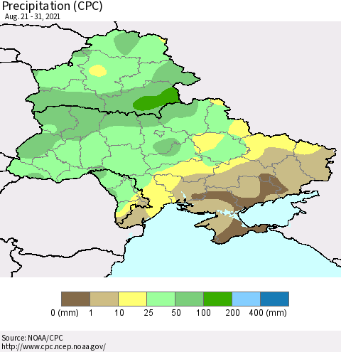 Ukraine, Moldova and Belarus Precipitation (CPC) Thematic Map For 8/21/2021 - 8/31/2021