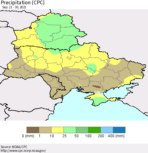 Ukraine, Moldova and Belarus Precipitation (CPC) Thematic Map For 9/21/2021 - 9/30/2021