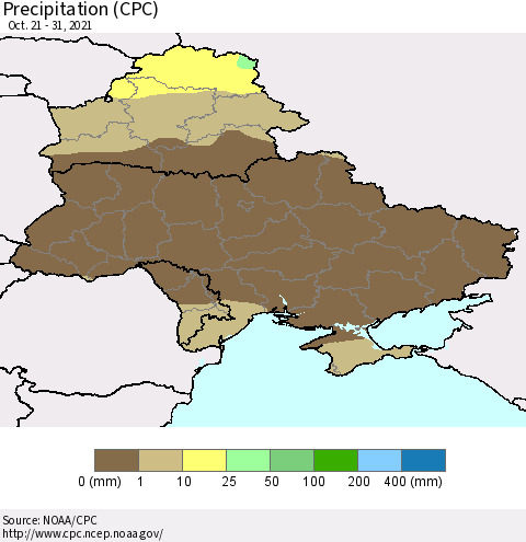 Ukraine, Moldova and Belarus Precipitation (CPC) Thematic Map For 10/21/2021 - 10/31/2021