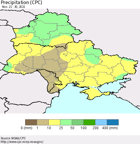 Ukraine, Moldova and Belarus Precipitation (CPC) Thematic Map For 11/21/2021 - 11/30/2021
