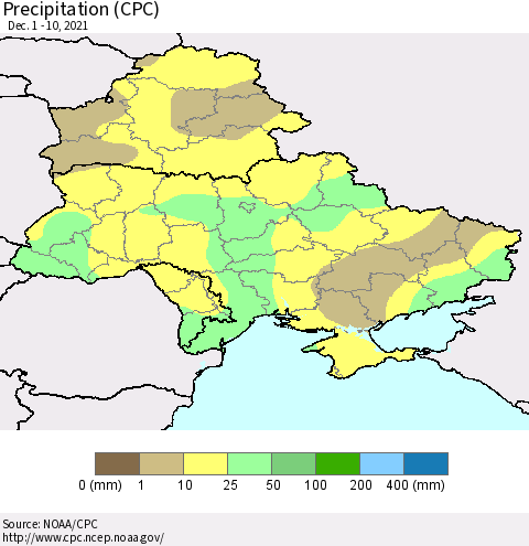 Ukraine, Moldova and Belarus Precipitation (CPC) Thematic Map For 12/1/2021 - 12/10/2021