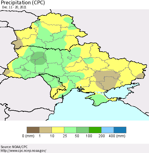 Ukraine, Moldova and Belarus Precipitation (CPC) Thematic Map For 12/11/2021 - 12/20/2021