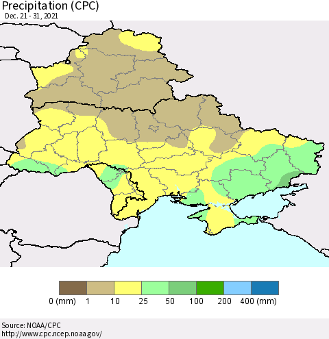Ukraine, Moldova and Belarus Precipitation (CPC) Thematic Map For 12/21/2021 - 12/31/2021