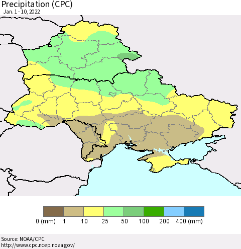 Ukraine, Moldova and Belarus Precipitation (CPC) Thematic Map For 1/1/2022 - 1/10/2022