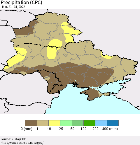 Ukraine, Moldova and Belarus Precipitation (CPC) Thematic Map For 3/21/2022 - 3/31/2022