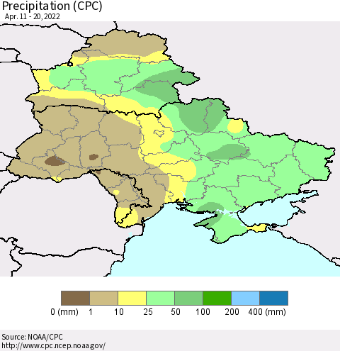 Ukraine, Moldova and Belarus Precipitation (CPC) Thematic Map For 4/11/2022 - 4/20/2022