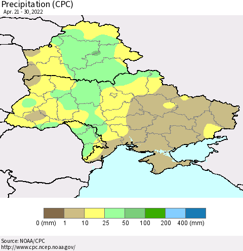 Ukraine, Moldova and Belarus Precipitation (CPC) Thematic Map For 4/21/2022 - 4/30/2022