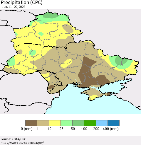 Ukraine, Moldova and Belarus Precipitation (CPC) Thematic Map For 6/11/2022 - 6/20/2022