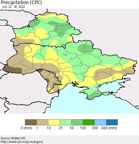 Ukraine, Moldova and Belarus Precipitation (CPC) Thematic Map For 6/21/2022 - 6/30/2022