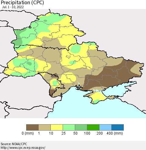 Ukraine, Moldova and Belarus Precipitation (CPC) Thematic Map For 7/1/2022 - 7/10/2022