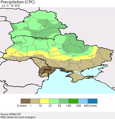 Ukraine, Moldova and Belarus Precipitation (CPC) Thematic Map For 7/11/2022 - 7/20/2022